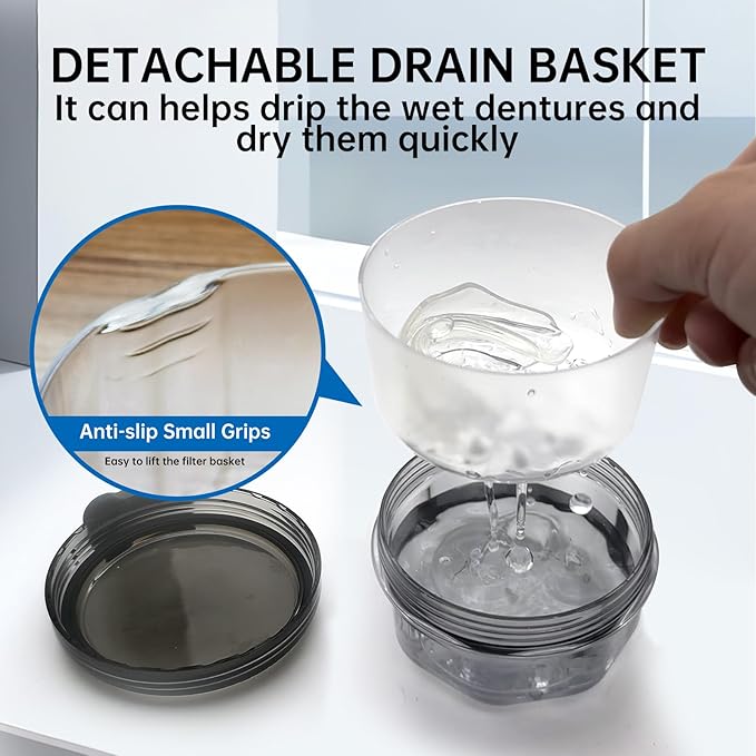Leak Proof Denture Cups for Soaking Dentures, Partial Denture Bath Case Travel Retainer Cleaning Container Case with Brush for Aligner, Denture, Mouth Guard - Transparent Black
