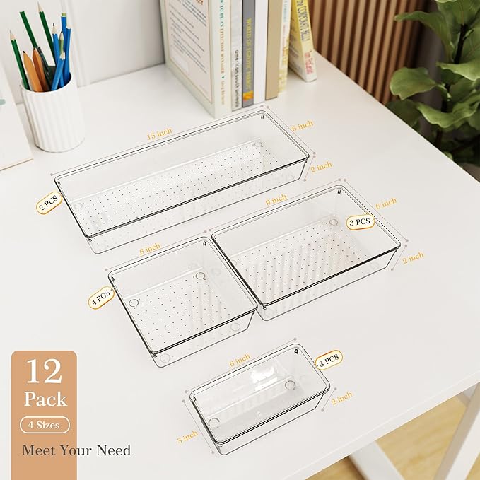 Criusia Drawer Organizer, 12 Pack Clear Plastic Kitchen Drawer Organizers Set,4-Size Versatile Bathroom and Vanity Organizer Trays,Storage Bins for Makeup, Bathroom, Jewelries and Office