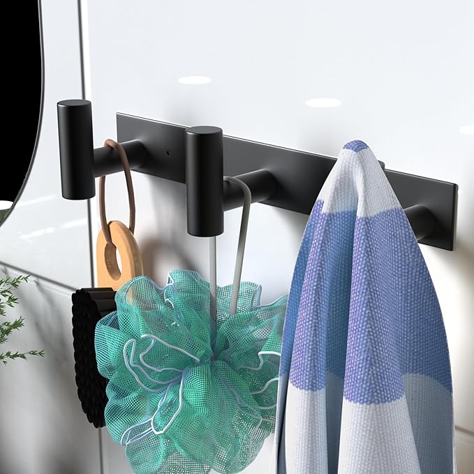 VAEHOLD Black Hat and Coat Wall Mount Rack - 3 Hooks for Robes, Bags, Keys, and Towels - Bathroom Towel Hanger Organizer (1 Pack)