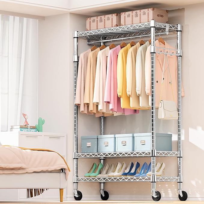 Heavy Duty Rolling Garment Rack 3 Tiers Adjustable Wire Shelving Clothes Rack with Rods and Side Hooks,Storage Closet Clothing Rack with Wheels Chrome 17.7" D x 47.2" W x 83.6" H