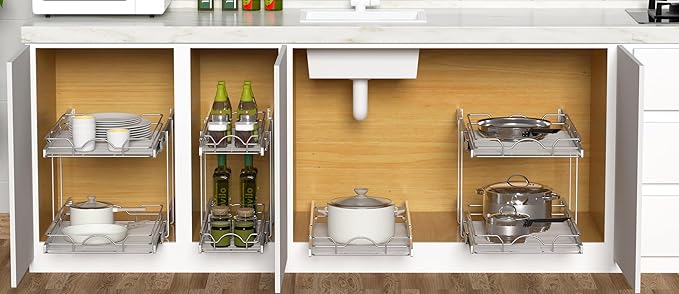 OCG 2 Tier Pull Out Cabinet Organizer (21.5" W x 18" D), Pull Out Shelves for Kitchen Cabinets, Slide Out Pantry Shelves for Base Cabinet Organization in Kitchen Bathroom Pantry, Chrome Finish