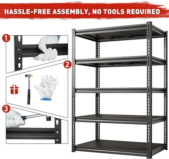 REIBII 72" H Garage Shelving Load 2500 LBS, Heavy Duty Storage Shelves, 5-Tier Adjustable Garage Shelves for Warehouse, Basement, 72" H x36 W x18 D, Black, 2 Pack