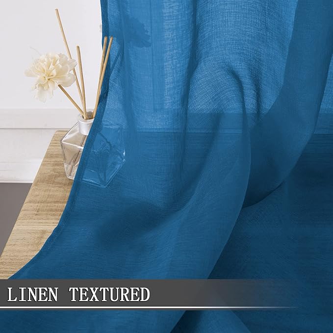 Tollpiz Sheer Curtains Bedroom Linen Textured Curtain Sheers Light Filtering Voile Rod Pocket Curtains for Living Room, 38 x 84 inches Long, Classic Blue, Set of 2 Panels