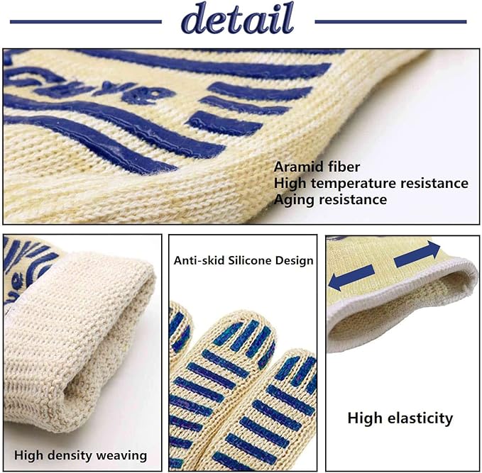 Oven Gloves, Heat Resistant 540 Degrees Grilling Gloves, Hot Surface Handler Non-Slip Silicone Oven Mitts with Fingers, BBQ Gloves for Cooking/Kitchen/Baking, Pack of 2