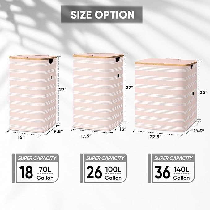 BALEINE Laundry Hamper with Lid, Tall Laundry Baskets with Bamboo Pull Handles, Large Laundry Bin with Internal Support (18 Gal/70L, Pink Pinstripe)