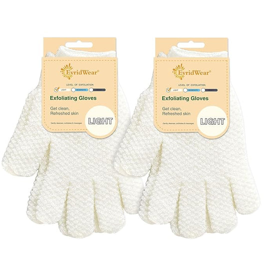 Evridwear Exfoliating Dual Texture Bath Gloves for Shower, Spa, Massage and Body Scrubs, Dead Skin Cell Remover, Gloves with Hanging Loop (2 Pairs Light)