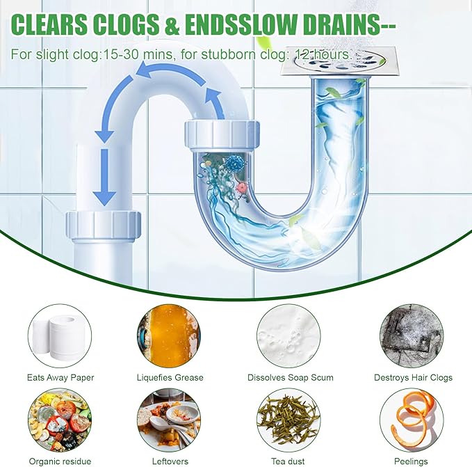 Drain Clog Remover Powder Sink Drain Cleaner for Hair and Grease, 18-Packs Heavy-Duty Powerful Kitchen Sink and Shower Unclogger, Pipe-Safe