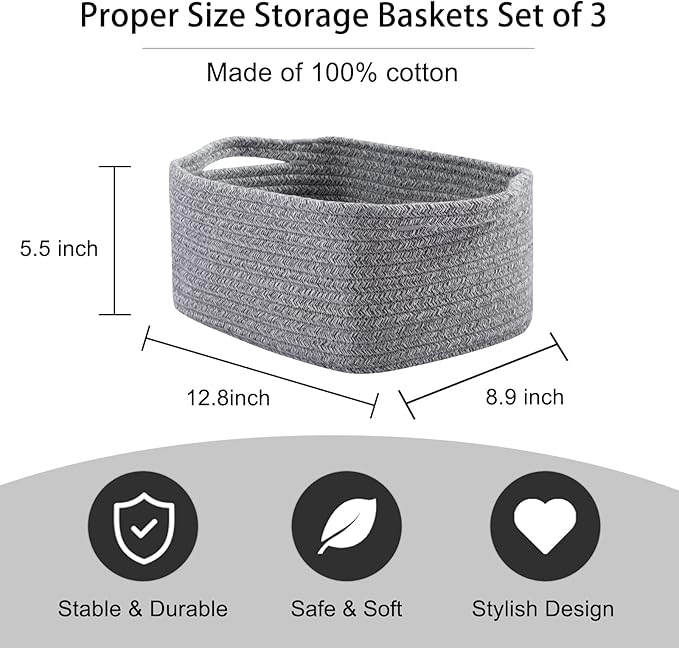 OIAHOMY Cotton Rope Baskets, Woven Baskets for Storage, Nursery Storage Baskets, Rectangle Storage Basket with Handles, Storage Baskets for Shelves, Pack of 3, Gray Variegated
