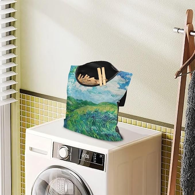 Van Gogh Wheatfield Laundry Clothespin Bags Hanging Storage Organizer 12 x 14.5 Inch Clothes Pin Bag Waterproof Clothespin Bag Clothespin Holder Large Opening and Hanging Rope