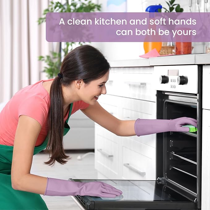Rubber Cleaning Gloves for Dishwashing, 4 Pairs Reusable Kitchen Gloves for Washing Dishes and Household Cleaning, Purple Dish Gloves with Flocked Lining and Non-Slip Grip, Pefect for Woman Men - L