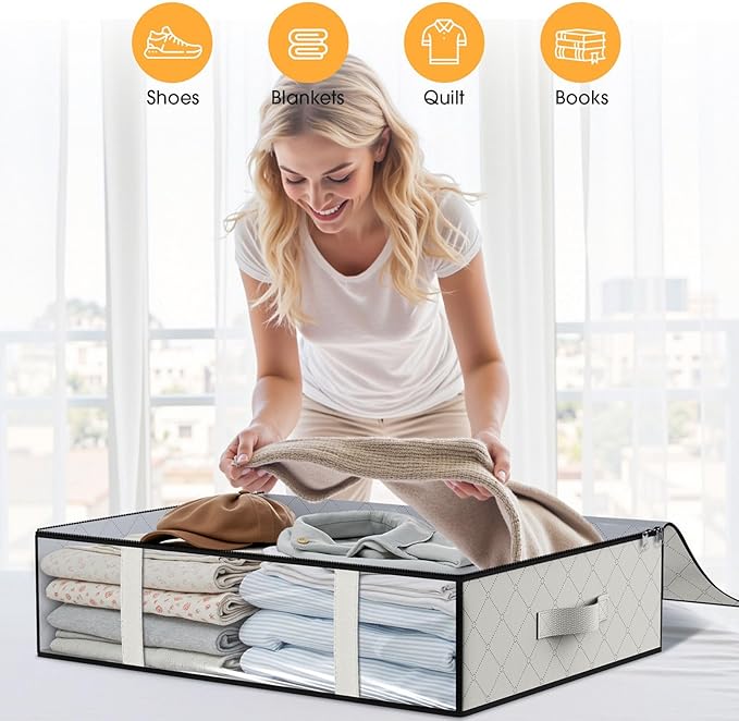 StorageRight Under Bed Storage Bins, 2-Pack 40L Foldable Fabric Storage Bags with Transparent Window, Breathable Organizer for Clothes/Blanket/Comforter/Quilt, White