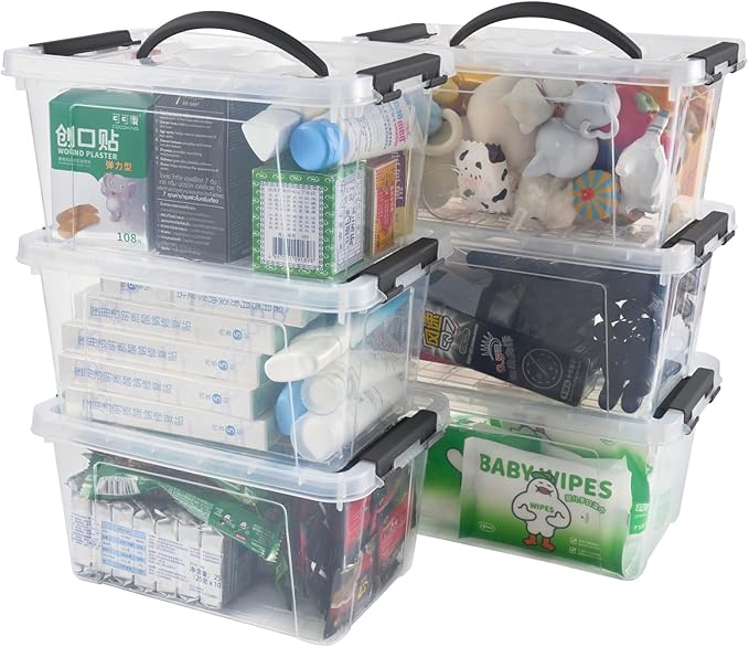 6 Quart Plastic Stackable Storage Latch Bins,Clear Latching Box with Handle and Lid,Pack of 6 (Black Handle)