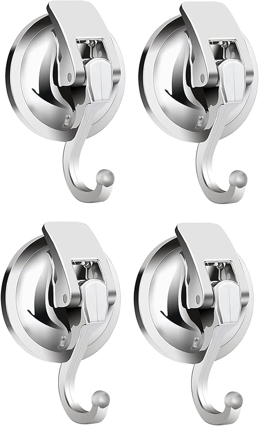 Heavy Duty Vacuum Suction Cup Hooks, Silver Plated Polished Super Suction for Kitchen Bathroom, 2 Pack