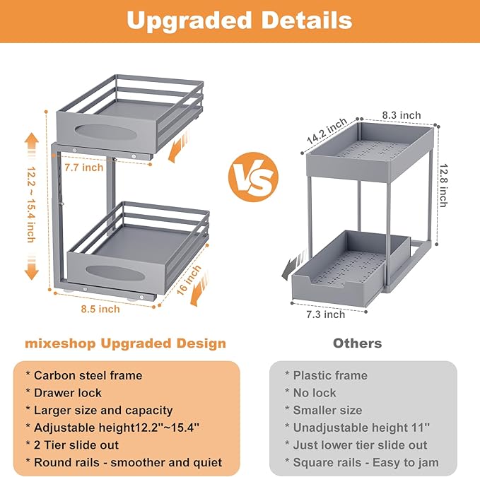 Under Sink Organizer, 2 Tier Under Sink Organizers and Storage, Adjustable Height, Slide Out Metal Cabinet Organizers, Pull Out Cabinet Storage Drawer Shelf for Kitchen Bathroom Gray, 1 Pack
