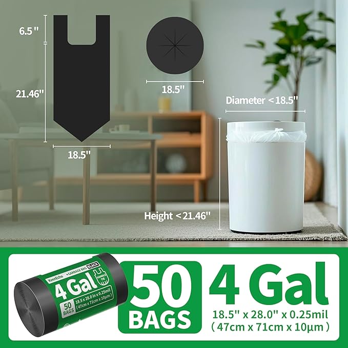 Small Trash Bags with Handles 4 Gallon 50 Count Black - Ocean Plastic Upcycling - Plastic Garbage Bags, Can Bin & Waste Basket Liner for Kitchen, Bathroom, Office and Pets