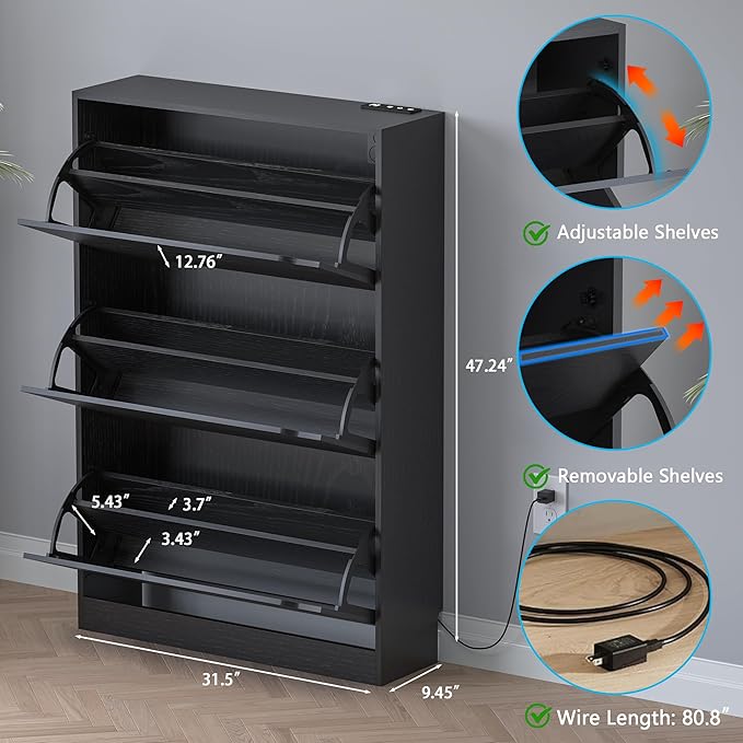 Shoe Cabinet with Odor Control and Back Panels, Deodorizing Slim 3-Flip Shoe Storage Cabinet for Entryway, Freestanding Hidden Shoe Rack Organizer for Entrance, Hallway, Bedroom