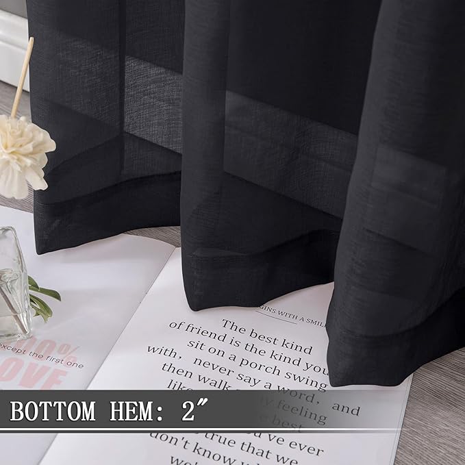 Tollpiz Short Sheer Curtains Linen Textured Bedroom Curtain Sheers Light Filtering Rod Pocket Voile Curtains for Living Room, 54 x 45 inches Long, Black, Set of 2 Panels