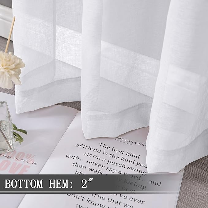 Tollpiz Sheer Curtains Linen Textured Living Room Curtain Sheers Light Filtering Rod Pocket Voile Curtains for Bedroom, 42 x 63 inches Long, White, Set of 2 Panels