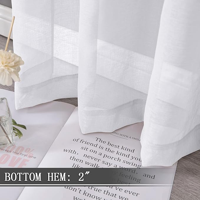 Tollpiz Sheer Tier Curtains Kitchen Linen Textured Half Curtain Sheers Light Filtering Rod Pocket Voile Bathroom Short Curtains for Farmhouse, 25 x 30 inches Long, White, Set of 2 Panels