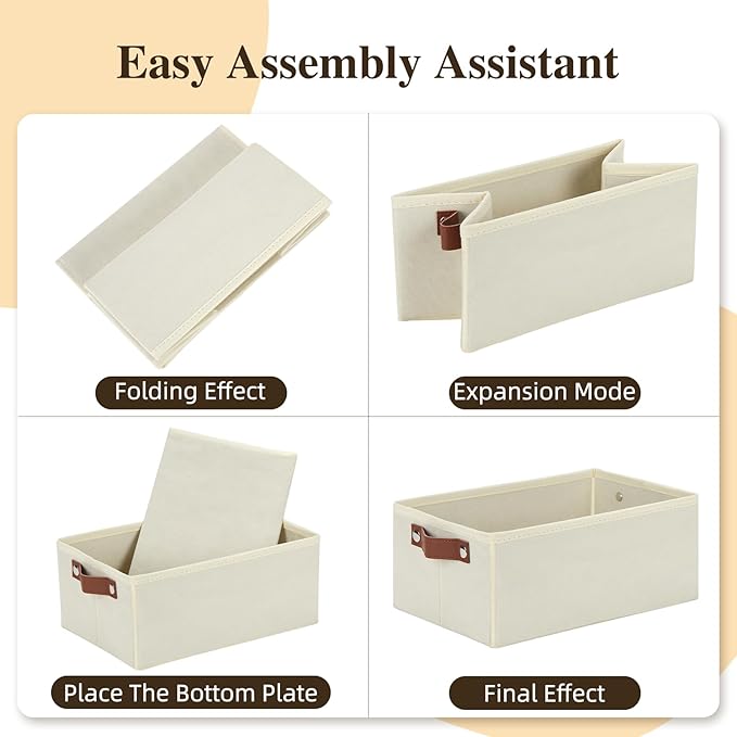 DULLEMELO Fabric Storage Bin with PU Handles, Decorative Basket and Organizer, Collapsible Bin for Toy and Clothes Storage (Light Beige, 11.8L*7.9W*5.1H)