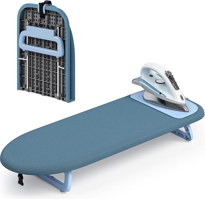 KINGBOARD Tabletop Ironing Board, Small Ironing Board with Iron Mat, Foldable Mini Iron Board, Easy Storage for Travel & Dorm, 12x32 Blue