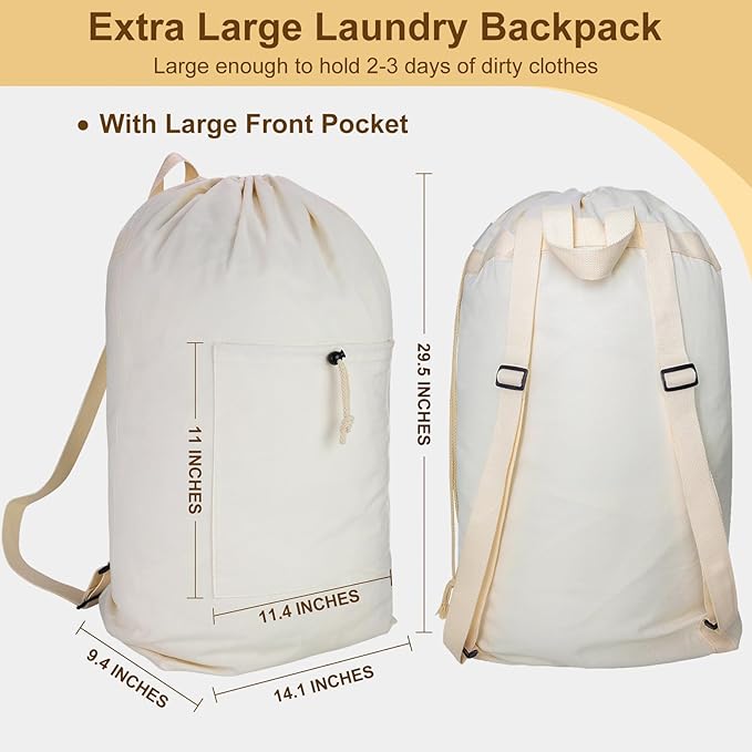 Laundry Bag Backpack, Canvas Laundry Bag with Straps & Drawstring Closure Washable Dirty Cloth Hamper Bag with Large Front Pocket for College, Travel, Laundromat, Camping (Beige)
