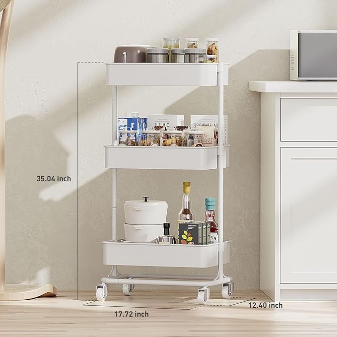 3 Tier Modern Metal Rolling Tool Cart with Silent Casters, 17.72×12.40×35.04 inch Heavy Duty Organization Truck Trolley Organizer for Office, Living Room, Kitchen, (White)