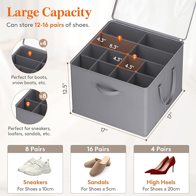 Lifewit Shoe Storage Organizer for Closet Fits 12-16 Pairs, Fabric Large Shoe Box Storage Containers with Clear Cover, Foldable Bins Fit for Boots Heels Sneakers 17"(L) x 17"(W) x 12.5"(H) 2 Pack Gray