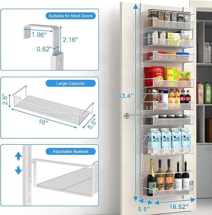 Over the Door Pantry Organizer, 8-Tier Over the Door Organizer with Adjustable Basket, Pantry Door Organization for Pantry Kitchen Storage Room Spice Rack, White
