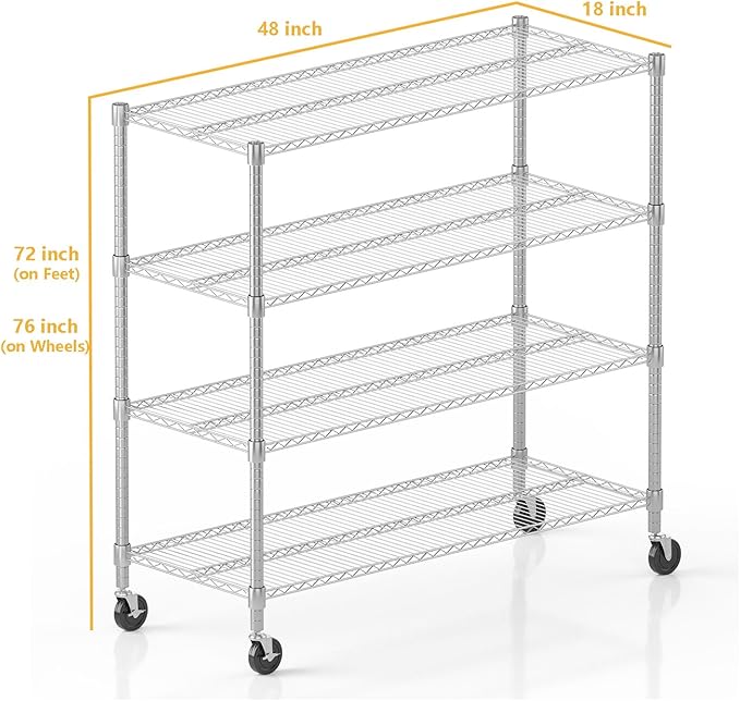 Himimi 72" H Storage Shelves 4 Tier Metal Shelving Adjustable Wire Shelf with Wheels, Heavy Duty Shelving for Garage Kitchen Pantry Bathroom Laundry,18" D*48" W*72" H, Silver