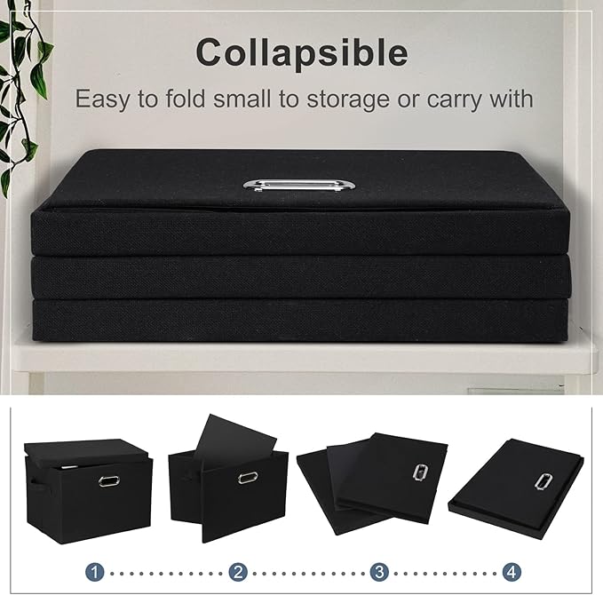 Large 17" 36 Quart Collapsible Stackable Storage Bins with Lids, 1 Pack Black Foldable Fabric Closet Storage Boxes with Lids, 4 Handles Heavy-duty Linen Cube Baskets for Bedroom