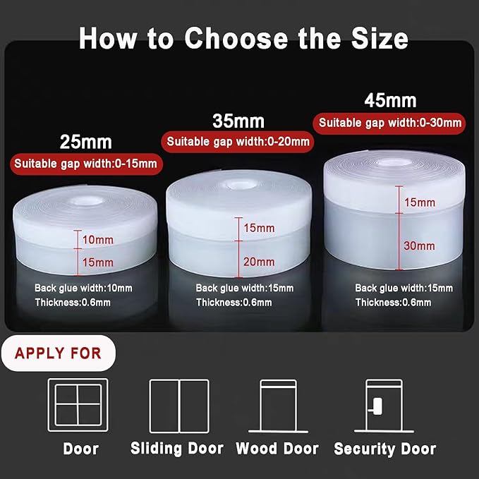 Upgraded 32.8FT Silicone Weather Stripping Door Seal, No Residue Glass Shower Door Seal Strip Under Door Draft Stopper Silicone Sealing Tape for Doors Windows Shower Glass Gap,Transparent,35MM
