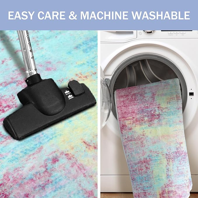IOHOUZE Abstract Area Rugs 9x12 Ft Washable Large Rugs for Living Room, Non Slip Dining Room Rug, Printed Faux Wool Rugs for Bedroom, Floor Carpet for Office Nursery Playroom, Pink Teal
