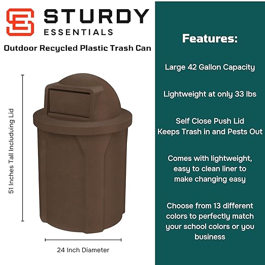 42 Gallon Circle 100% Recycled Plastic Heavy Duty Outdoor Commercial Trash Can with Push Open Dome Lid and Internal Liner - Great for Schools and Businesses - Brown Granite