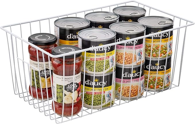 16" L x 12" W Wider Freezer Storage Organizer Baskets Container, Deep Metal Wire Chest Upright Refrigerator Divider Bins with Built-in Handles for Cabinet, Pantry, Closet, Kitchen, Pearl White