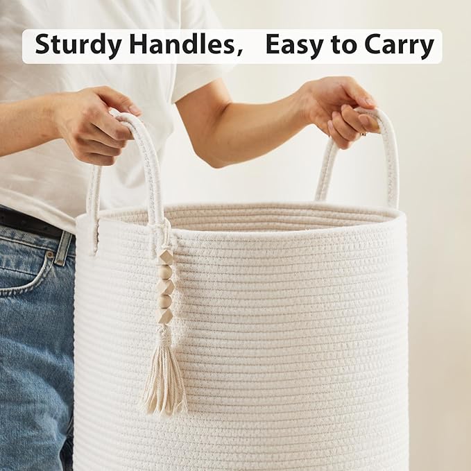 Fiona's magic Woven Rope Laundry Hamper, Tall Laundry Basket for Blanket Storage, Large Dirty Clothes Hamper for Toys, Decorative Baby Nursery Hamper for Bedroom, Living Room - White, 58L