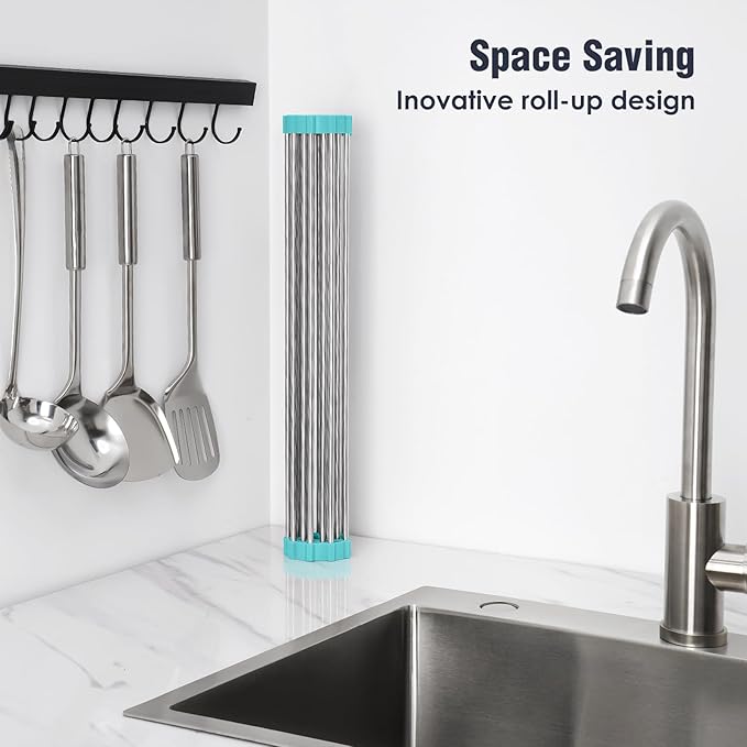 Tomorotec 17.7" x 12.5" Roll Up Dish Drying Rack Over Sink Drying Rack Sink Cover Kitchen Sink Accessories Gadget Multipurpose Organizer Foldable Stainless Steel Drainer