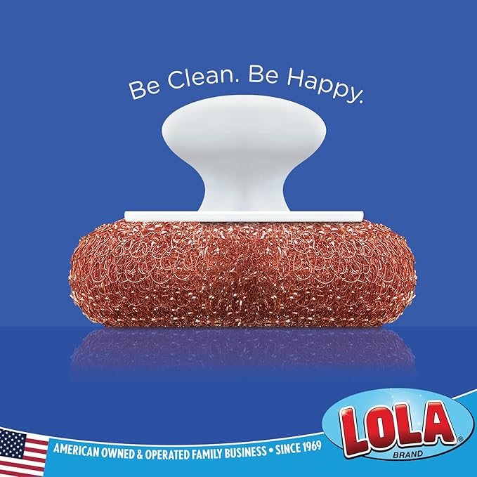 LOLA Copper Mesh Scouring Pad w/Comfort Knob, Heavy Duty Cleaning Pads, Knitted Wire Mesh, Cleans Caked-On & Baked-On Messes - 1 Pack