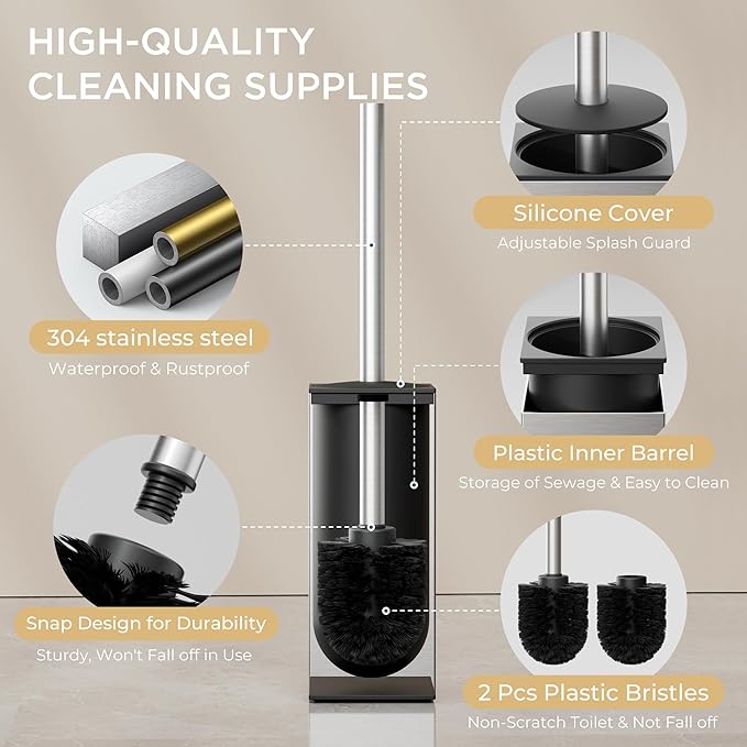 FORIOUS Toilet Brush and Holder Set, Heavy Duty 304 Stainless Steel Base Square and Long Handle for Bathroom Deep Cleaning, Drip-Proof, Space Saving for Storage, 2 Toilet Bowl Brush Head