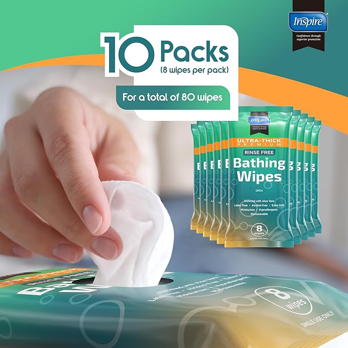 Inspire Ultra Thick Rinse-Free Bath Towels | Shower Towels - Flush-Free Wet Wipes with Aloe | Thick Strong Extra Large Towel for Adults | Body Wipes for Adults Bathing No Rinse