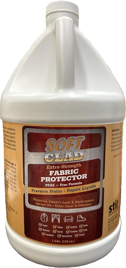 Extra Strength Fabric Protector Spray Prevents Stains and Repels Liquids. SoftClad Guards Furniture, Shoes, Carpet, Upholstery, Suede, Leather, Couch. Safe for Indoor Use. PFAS Free Formula. 1 Gallon