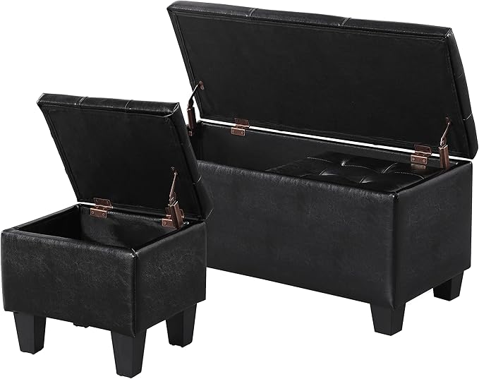 Storage Ottoman Set of 3, 38'' Button-Tufted Coffee Table Bench with 2pcs Nesting Foot Stools, for Living Room Couch, Bedroom, End of Bed (Black - PU Leather)