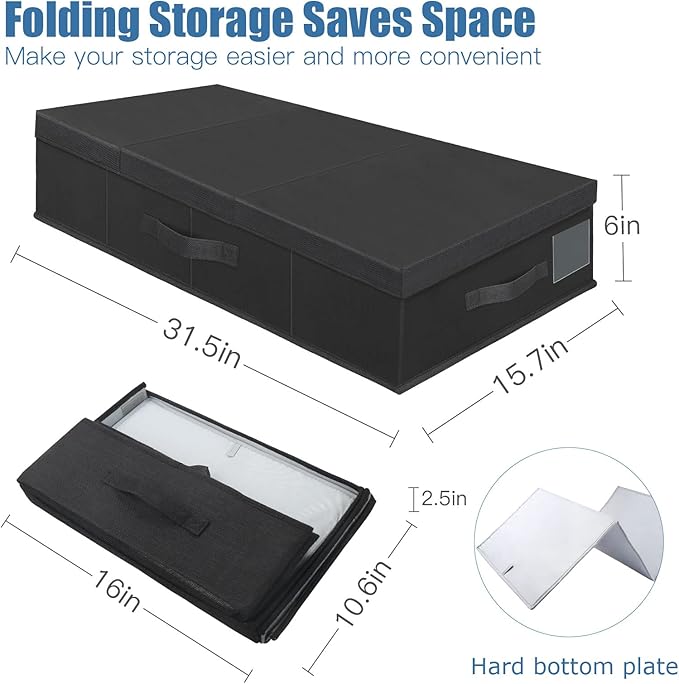 Underbed Storage Containers Bin with Lids (Set of 2) Large Under Bed Storage Organizer Box with Handle, Foldable Under the Storage Bags for Organizing Clothes, Shoes, Blankets, Pillows-Black