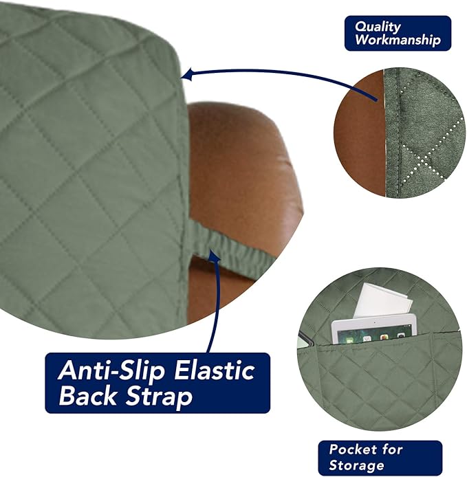 PureFit Reversible Quilted Sofa Cover, Water Resistant Slipcover Furniture Protector, Washable Couch Cover with Non Slip and Elastic Straps for Kids, Dogs (Oversized Recliner, Greyish Green/Beige)