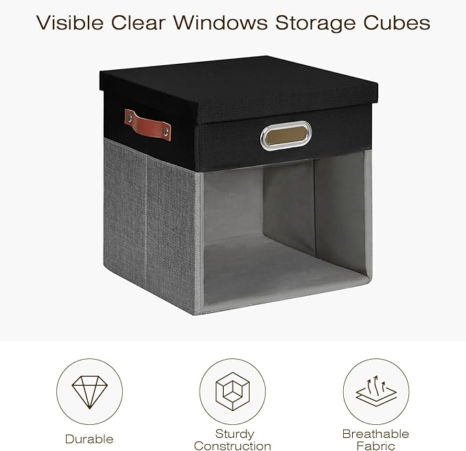 Fabric Storage Cubes with Clear Windows and Lids, 13'' Foldable Storage Bins with 3 Handles, Decorative Storage Boxes for Home, Bedroom, Closet, Office (Black&Gray)