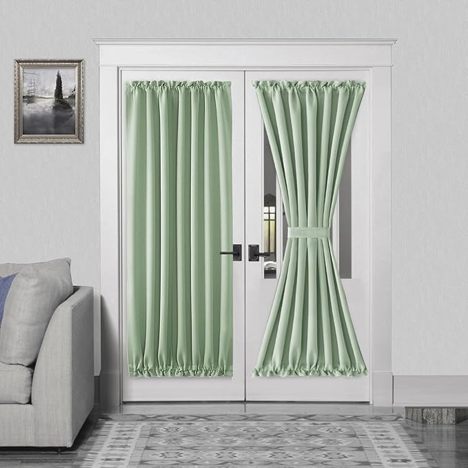DWCN French Door Curtains – Rod Pocket Thermal Blackout Curtain for Doors with Glass Window, Kitchen and Patio Doors for Privacy, 54 X 72 Inches Long, 1 Curtain Panel with Tieback, Bean Green
