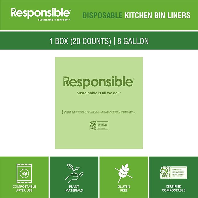 Responsible Products Kitchen Bin Liners, Certified Compostable, Heavy Duty Multipurpose Food Scrap Bags, Made from Compostable Materials (8 Gallon, 8 Gallon (20 Count))