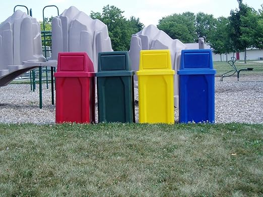 32 Gallon Square 100% Recycled Plastic Heavy Duty Commercial Outdoor or Indoor Trash Can with Push Lid - Great for Schools and Businesses - Dark Granite