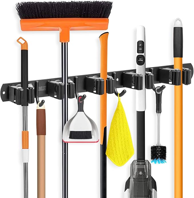 IMILLET Broom Holder Wall Mount, Broom Holder Stainless Steel Heavy Duty Garage Organization Broom Organizer Wall Mount Self Adhesive Laundry Room Organization and Storage（5 Racks and 4 Hooks）