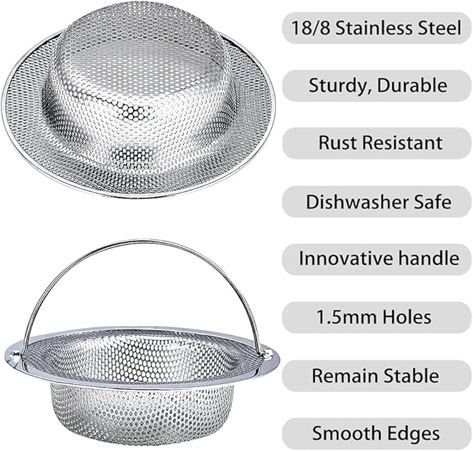 Kitchen Sink Strainer, 2-Pack Sink Strainer Basket with Handle, 4.5" Diameter, Stainless Steel, Rust Free and Dishwasher Safe